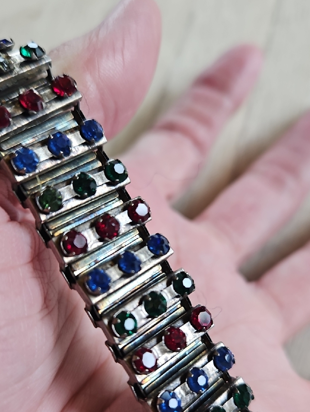 Vintage Expansion Bracelet with Red Blue and Green Rhinestones - Picture 2 of 7